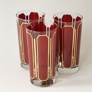 Georges Briard MCM High Ball Glasses Vertical Red Burgundy Panels w Gold Trim x3